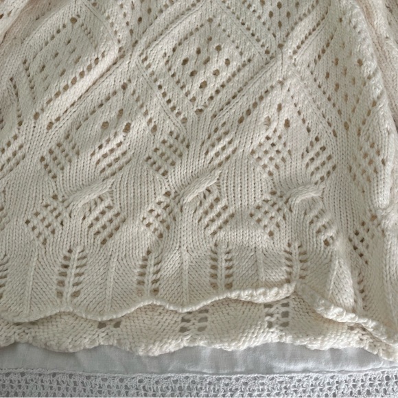 LOFT SMALL cream sweater Pointelle Knit Wool Blend white open knit long sleeve - Picture 7 of 7